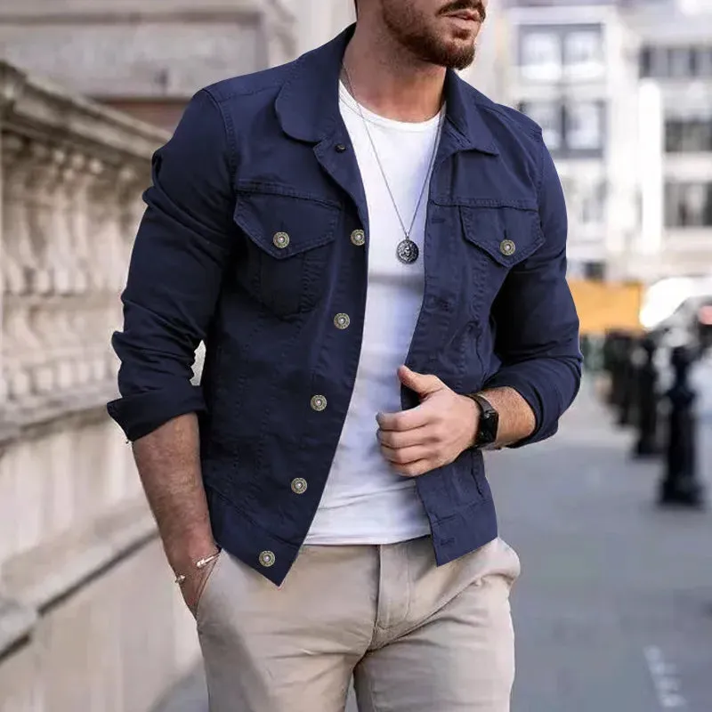 Fashion Men Jean Jacket Outerwear Casual Slim-fit Coat with Pocket Button Design Cargo Jacket Streetswear