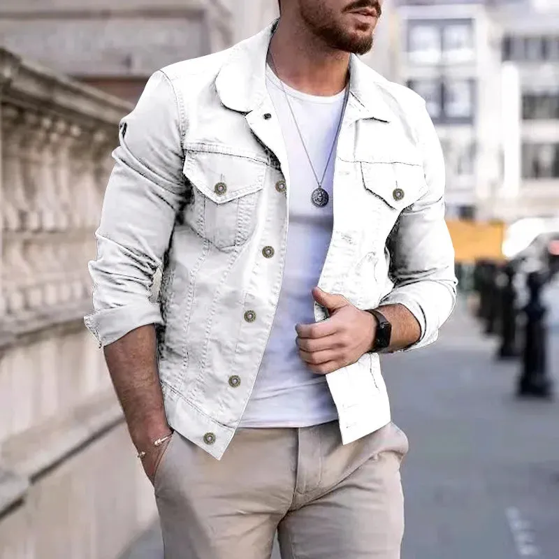 Fashion Men Jean Jacket Outerwear Casual Slim-fit Coat with Pocket Button Design Cargo Jacket Streetswear