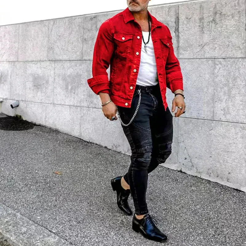 Fashion Men Jean Jacket Outerwear Casual Slim-fit Coat with Pocket Button Design Cargo Jacket Streetswear