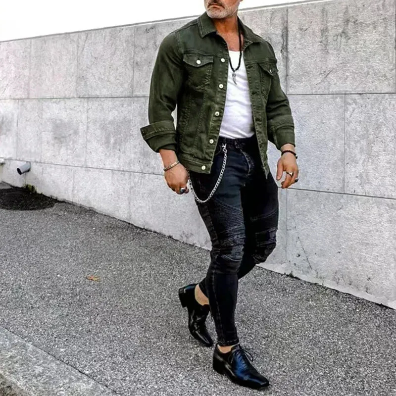 Fashion Men Jean Jacket Outerwear Casual Slim-fit Coat with Pocket Button Design Cargo Jacket Streetswear