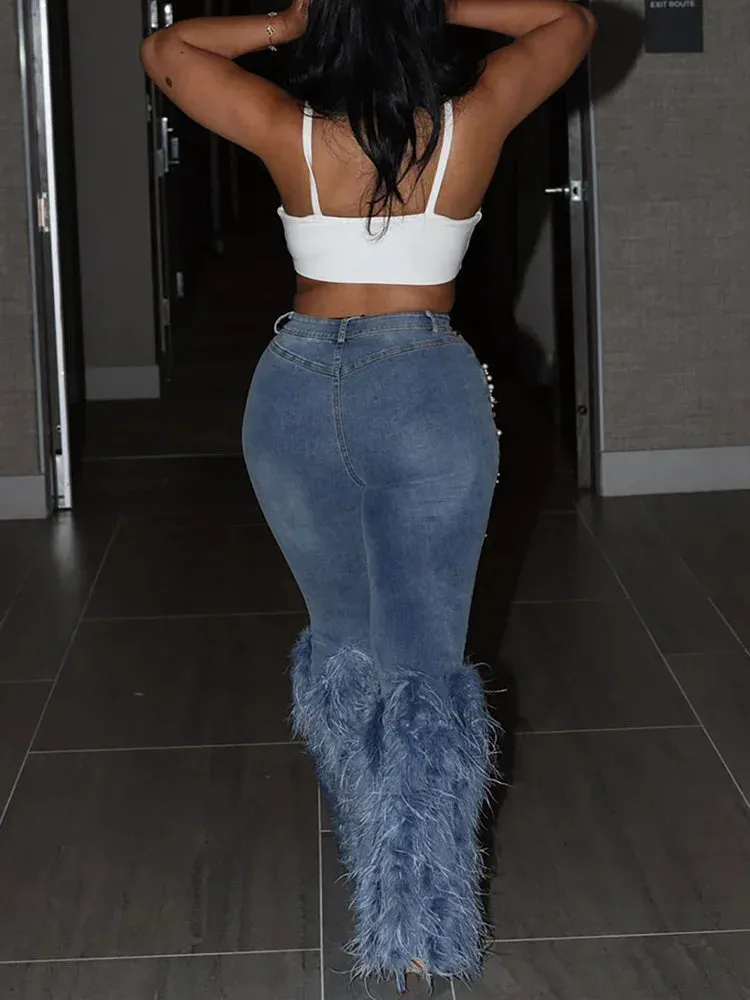 Fashion Women's Jeans Tassel Holes Vitnage Feather High Waist Y2K Streetwear Casual Denim Pant Spring Skinny Hollow Out Trousers