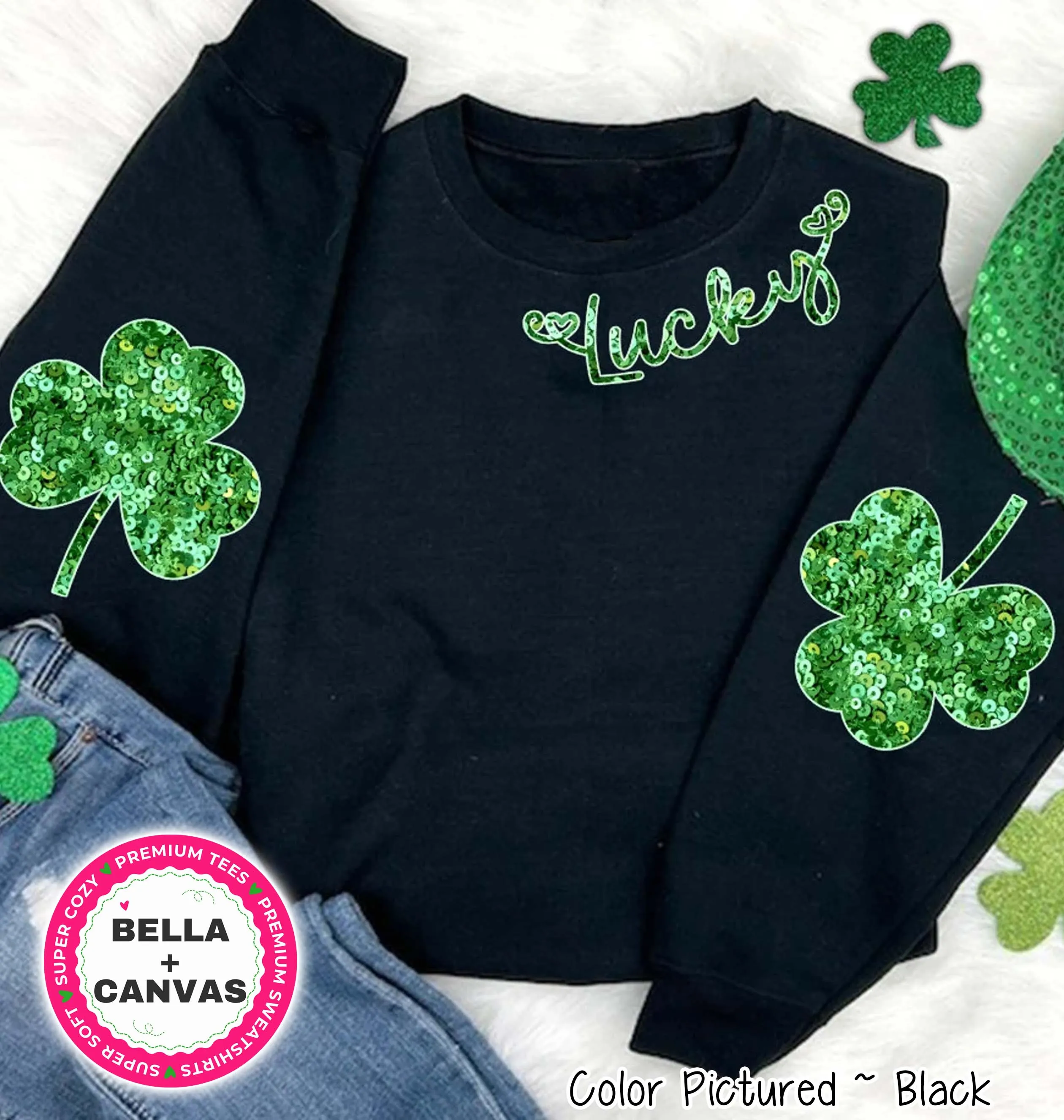 Faux Glitter Lucky with Shamrock Arm Patches St Patricks Day Tee or Sweatshirt