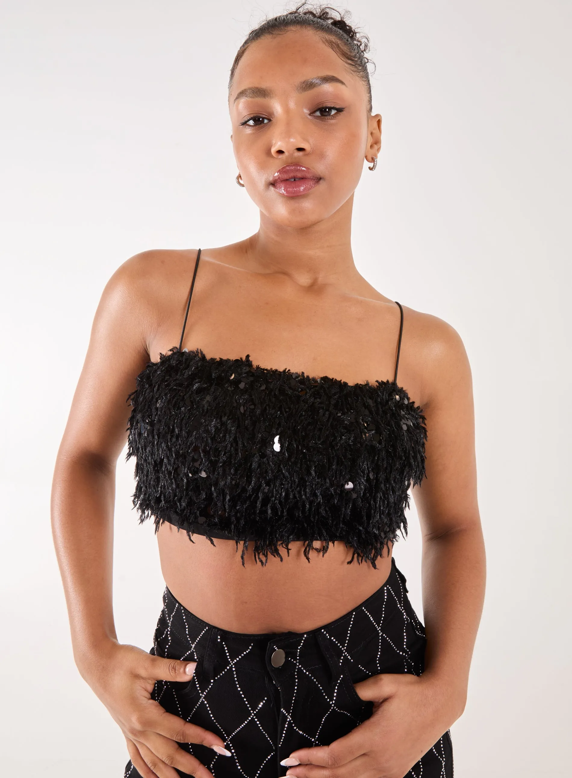 Feather Sequin Cami Top