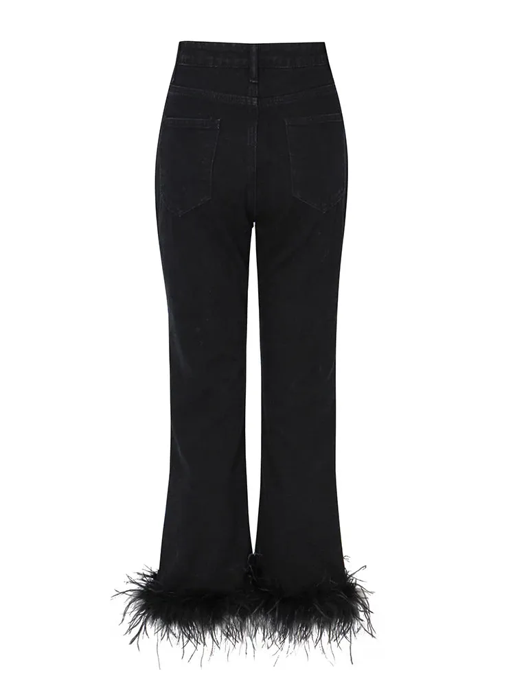 Feathers Denim Straight Black Pants Jeans