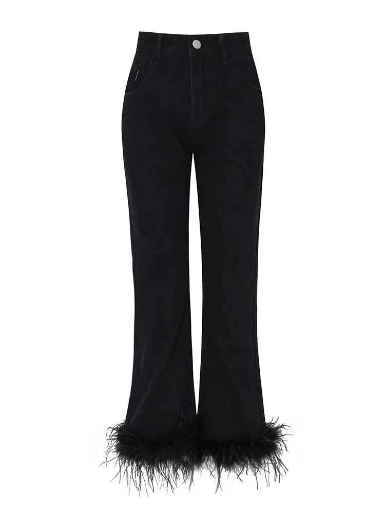 Feathers Denim Straight Black Pants Jeans