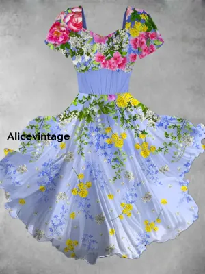 Floral Print Short Sleeve Vintage Midi Dress