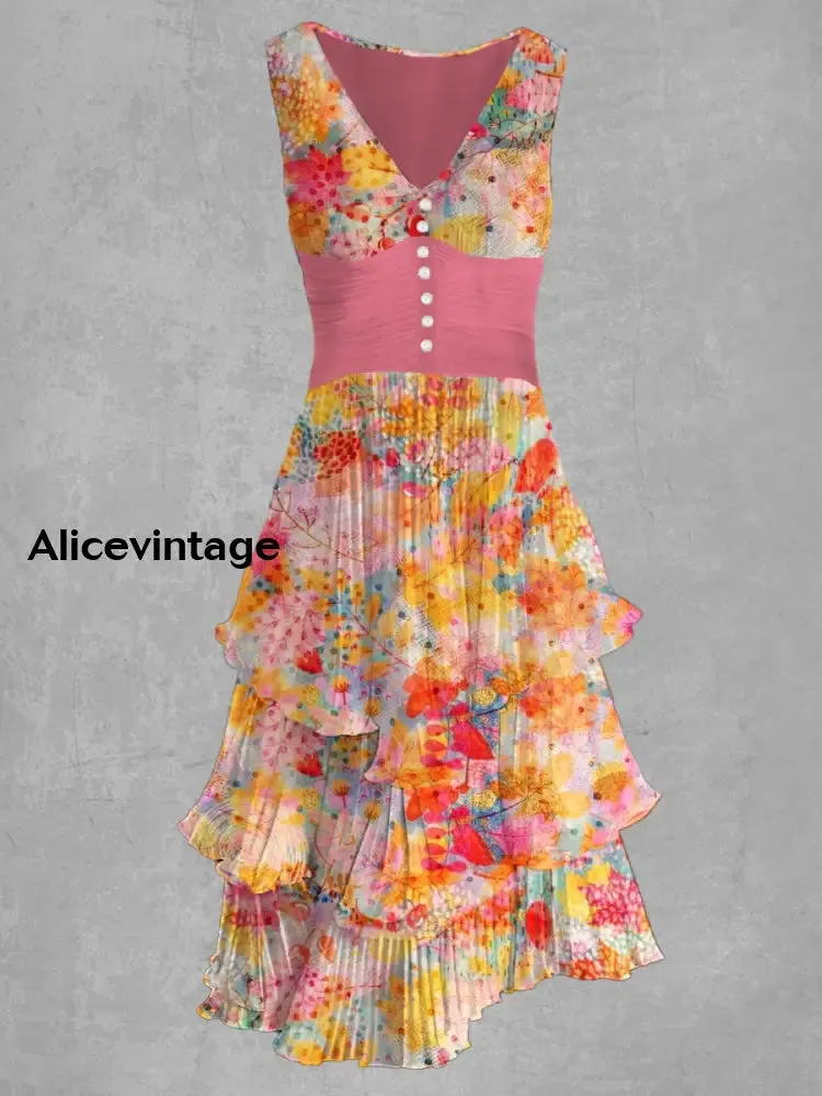 Floral Print V Neck Retro Chic Midi Dress