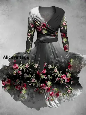 Floral Print Vintage Elegant V-Neck Long Sleeve Two-Piece Midi Dress