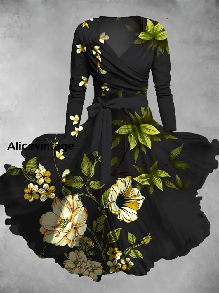 Floral Print Vintage Elegant V-Neck Long Sleeve Two-Piece Midi Dress