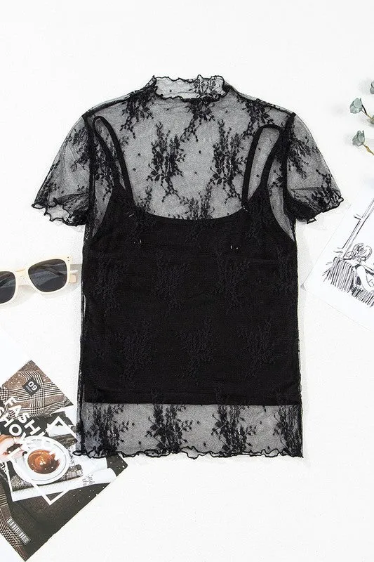 Floral Sheer Mesh Short Sleeve Mock Neck Blouse