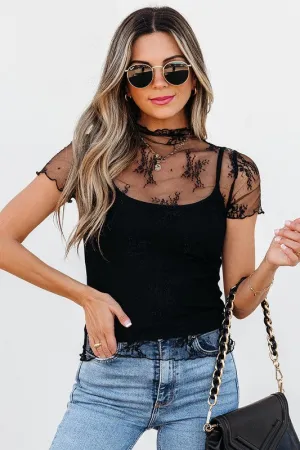 Floral Sheer Mesh Short Sleeve Mock Neck Blouse