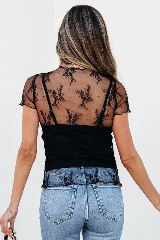 Floral Sheer Mesh Short Sleeve Mock Neck Blouse