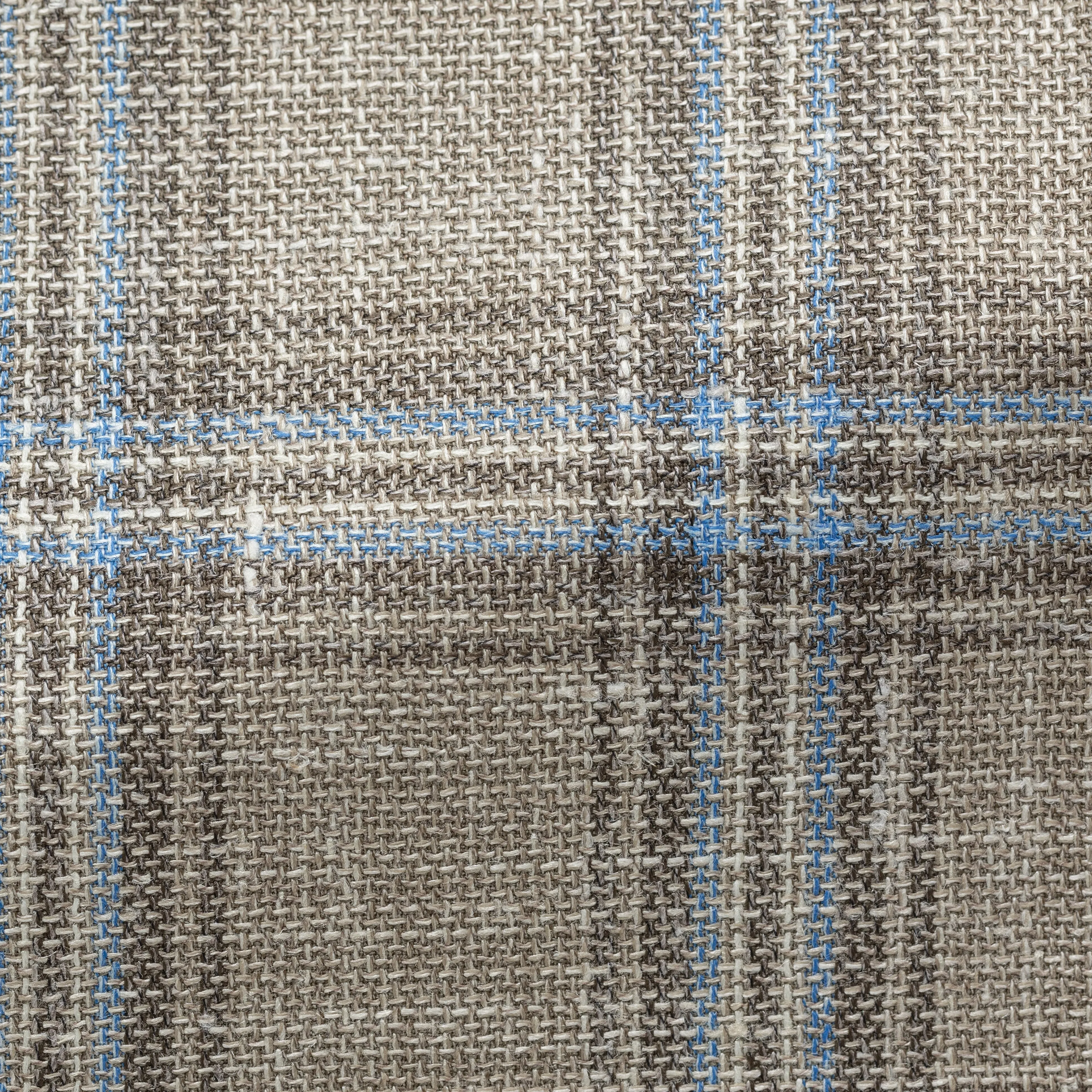 Fratelli Tallia di Delfino Taupe Wool, Silk & Linen Check With Light Blue Overcheck
