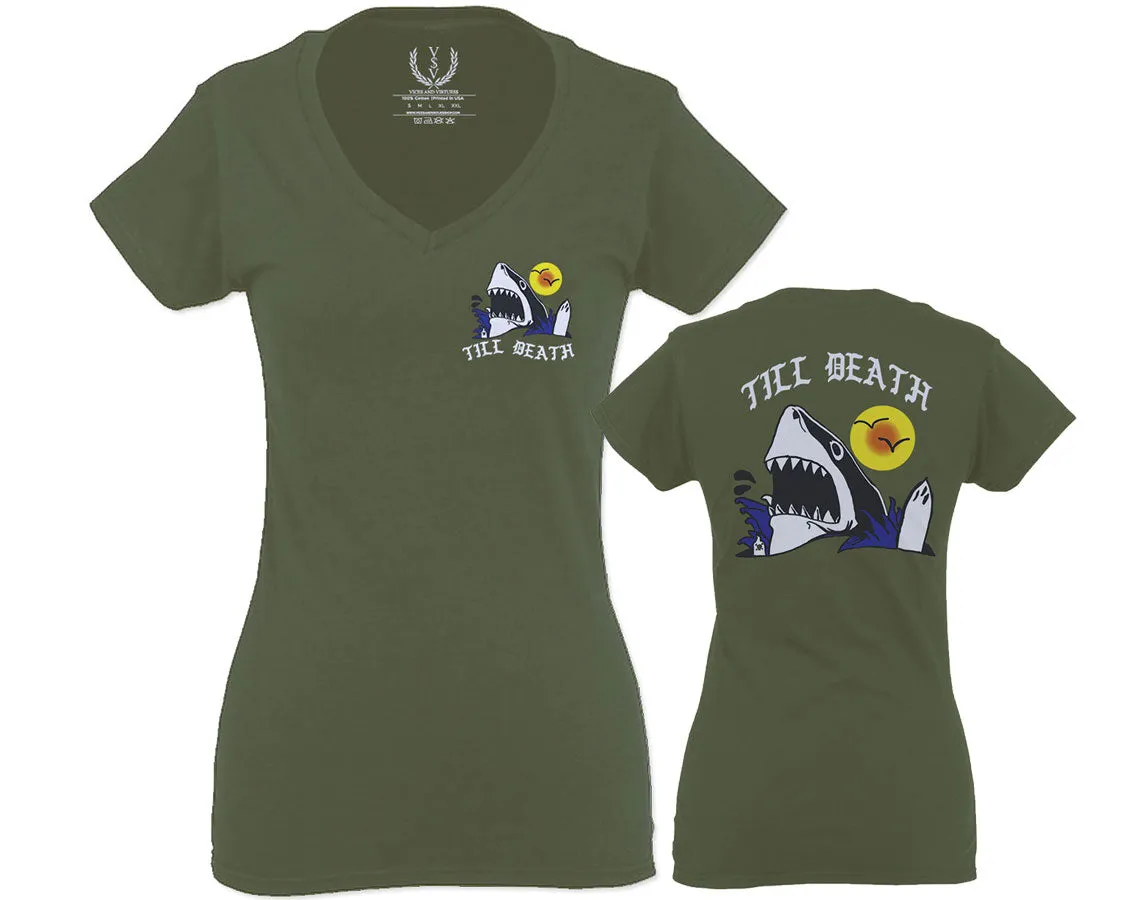 Front and Back Shark Summer Vibe Cool Graphic Surf Till Death Obei Society For Women V neck fitted T Shirt