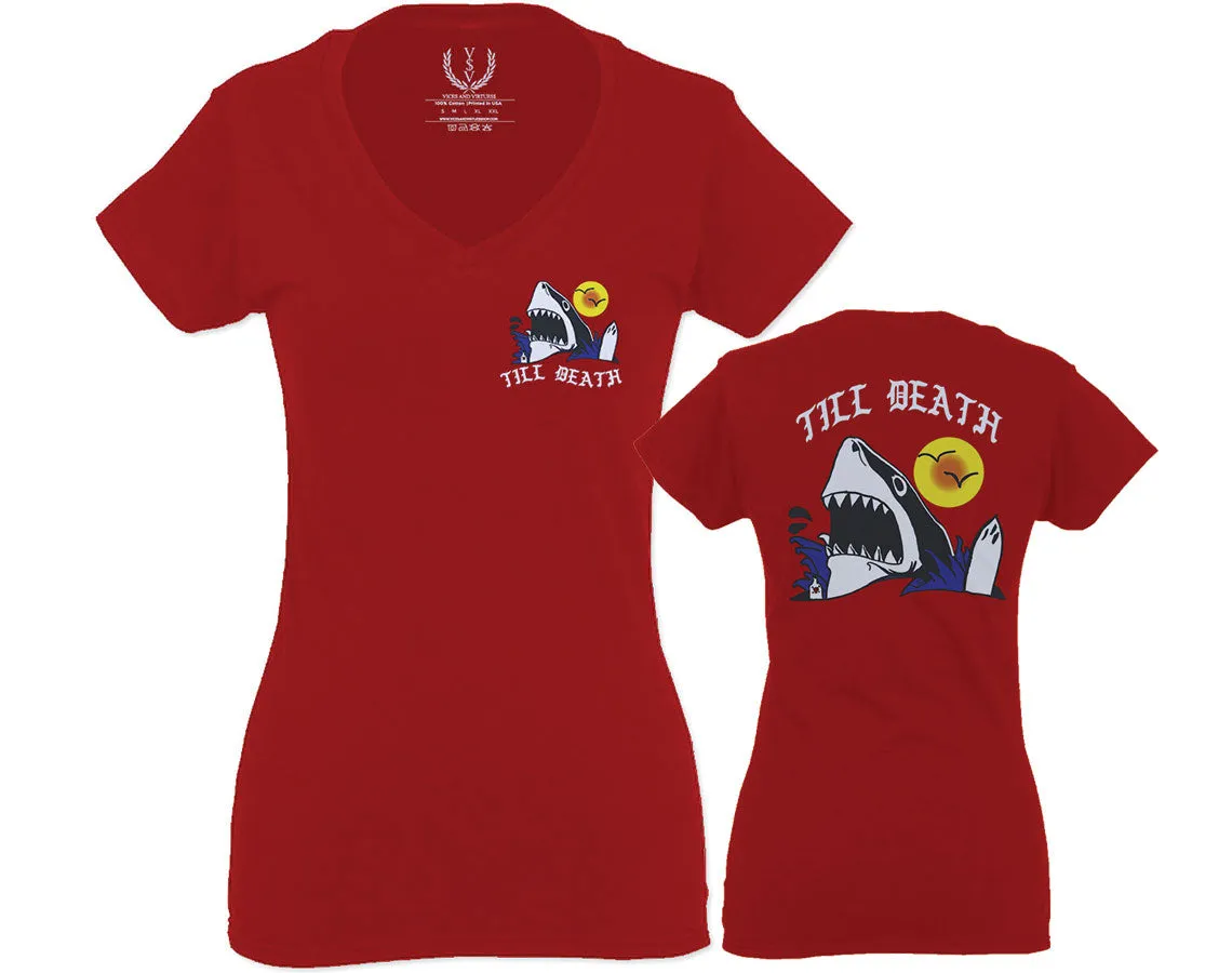 Front and Back Shark Summer Vibe Cool Graphic Surf Till Death Obei Society For Women V neck fitted T Shirt