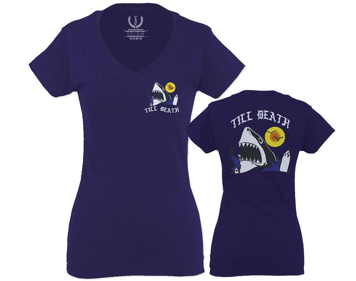 Front and Back Shark Summer Vibe Cool Graphic Surf Till Death Obei Society For Women V neck fitted T Shirt