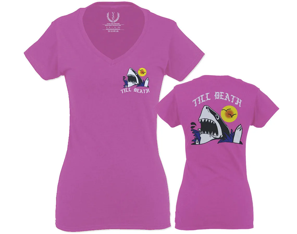 Front and Back Shark Summer Vibe Cool Graphic Surf Till Death Obei Society For Women V neck fitted T Shirt