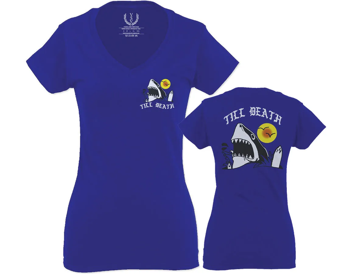 Front and Back Shark Summer Vibe Cool Graphic Surf Till Death Obei Society For Women V neck fitted T Shirt
