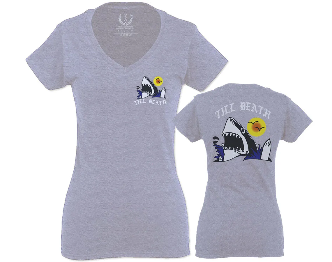 Front and Back Shark Summer Vibe Cool Graphic Surf Till Death Obei Society For Women V neck fitted T Shirt