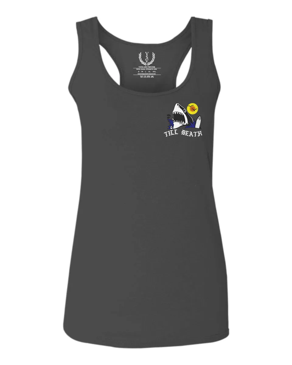 Front and Back Shark Summer Vibe Cool Graphic Surf Till Death Obei Society  women's Tank Top sleeveless Racerback