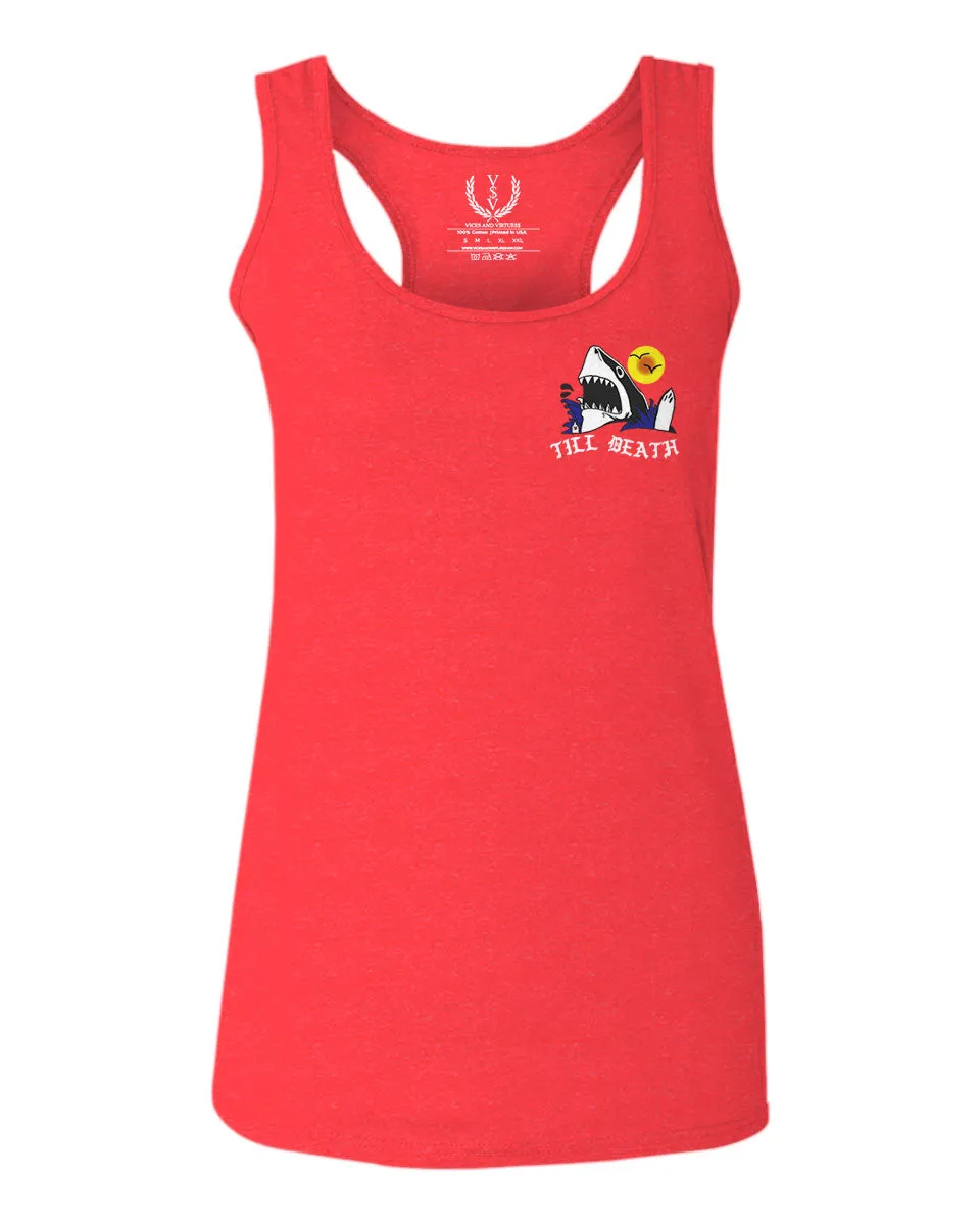 Front and Back Shark Summer Vibe Cool Graphic Surf Till Death Obei Society  women's Tank Top sleeveless Racerback