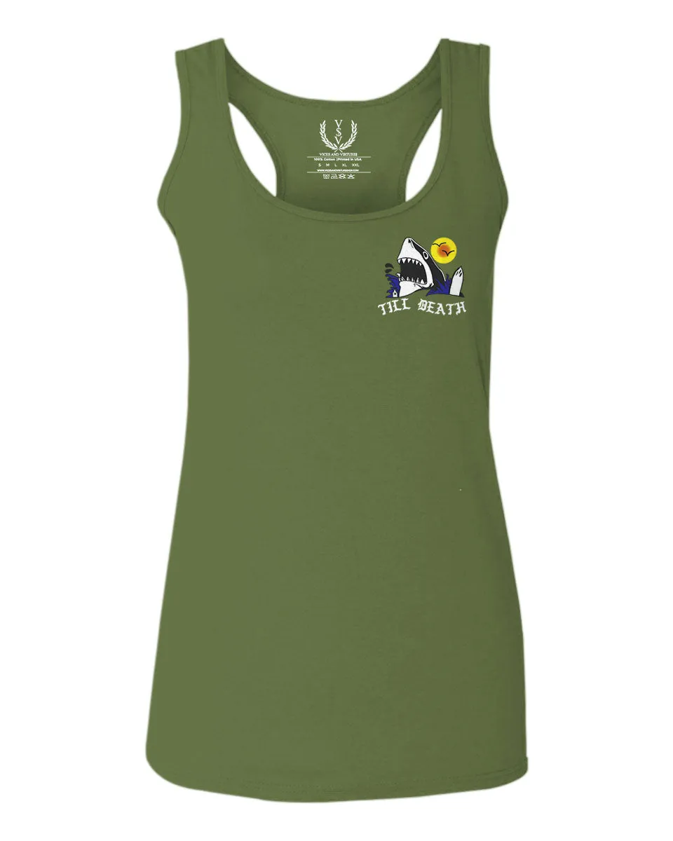 Front and Back Shark Summer Vibe Cool Graphic Surf Till Death Obei Society  women's Tank Top sleeveless Racerback