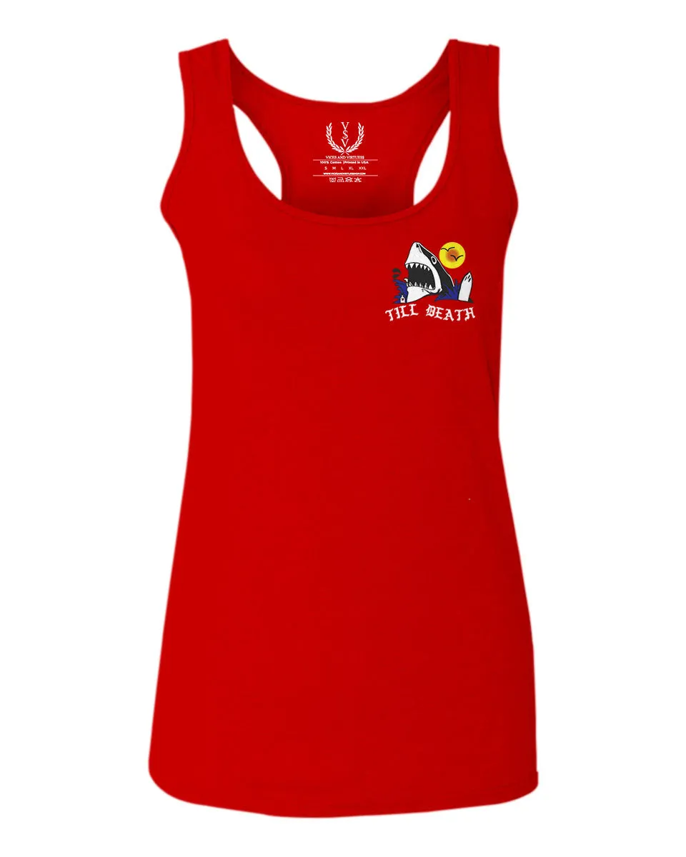 Front and Back Shark Summer Vibe Cool Graphic Surf Till Death Obei Society  women's Tank Top sleeveless Racerback