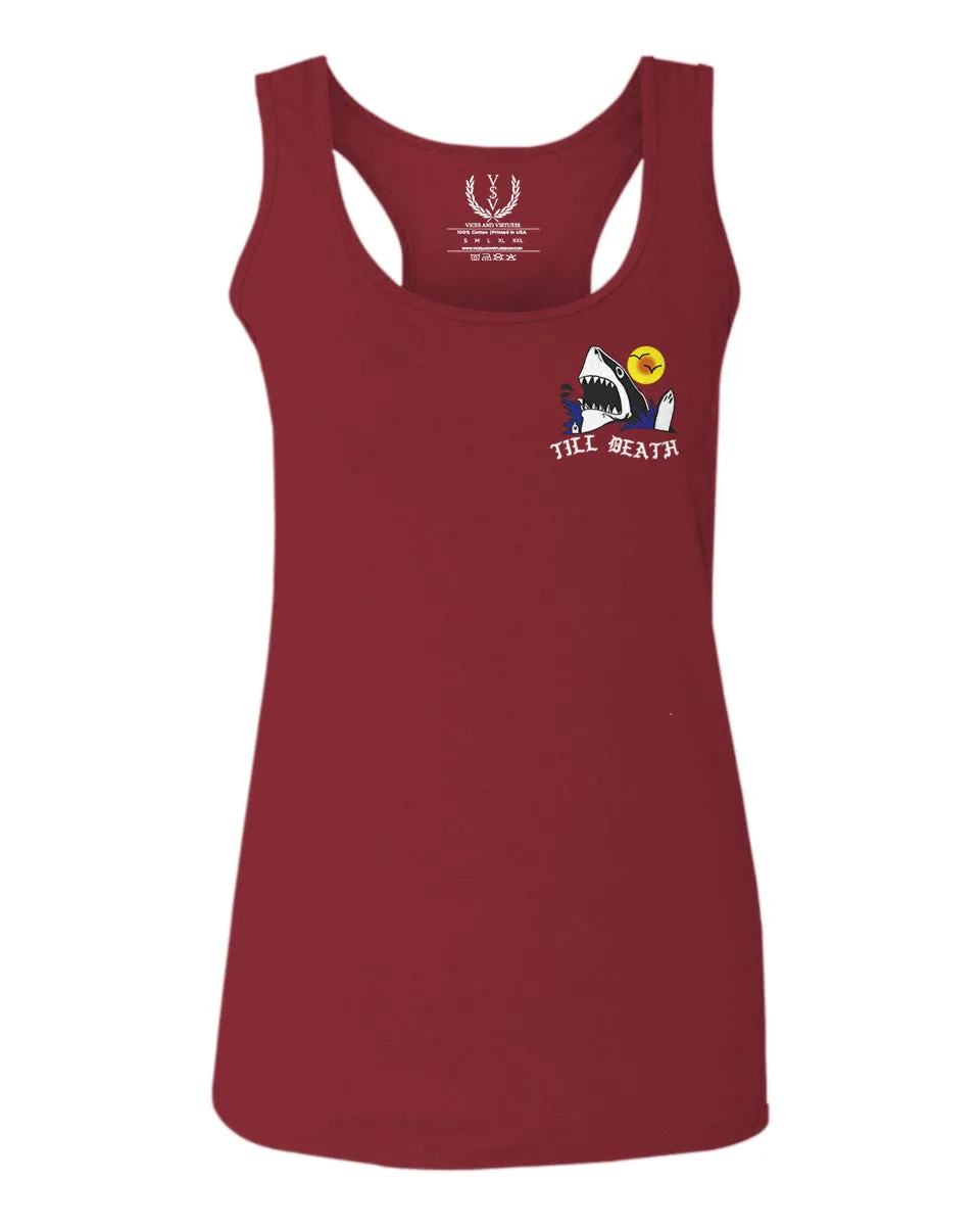 Front and Back Shark Summer Vibe Cool Graphic Surf Till Death Obei Society  women's Tank Top sleeveless Racerback