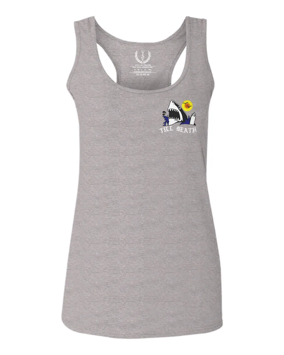 Front and Back Shark Summer Vibe Cool Graphic Surf Till Death Obei Society  women's Tank Top sleeveless Racerback