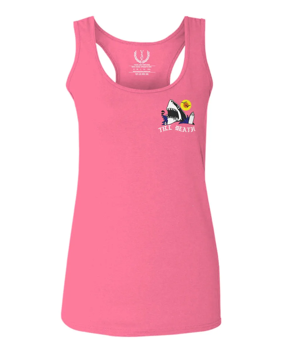 Front and Back Shark Summer Vibe Cool Graphic Surf Till Death Obei Society  women's Tank Top sleeveless Racerback