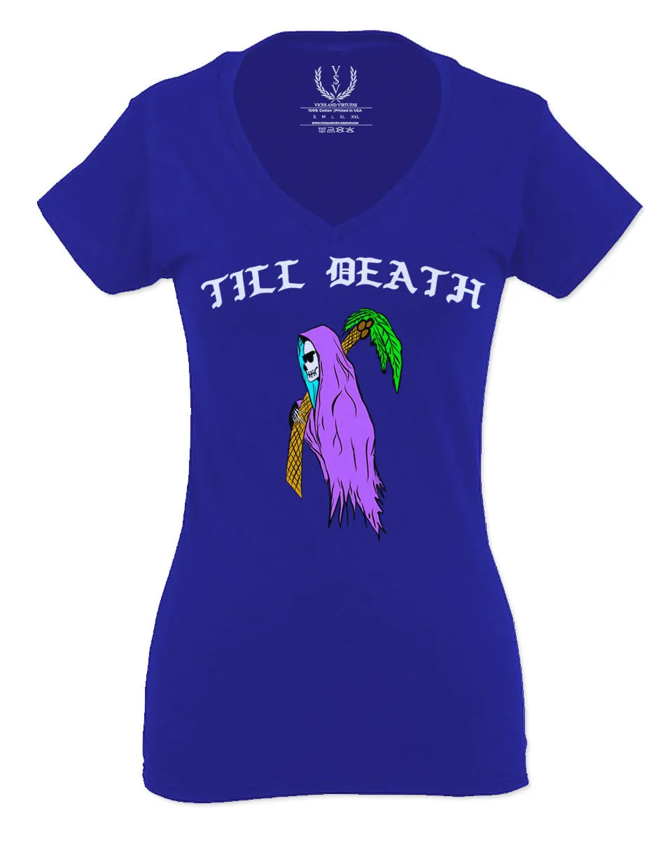 Front Good Vibe Summer Palm Graphic Til Death Cool Bones Surf Society For Women V neck fitted T Shirt