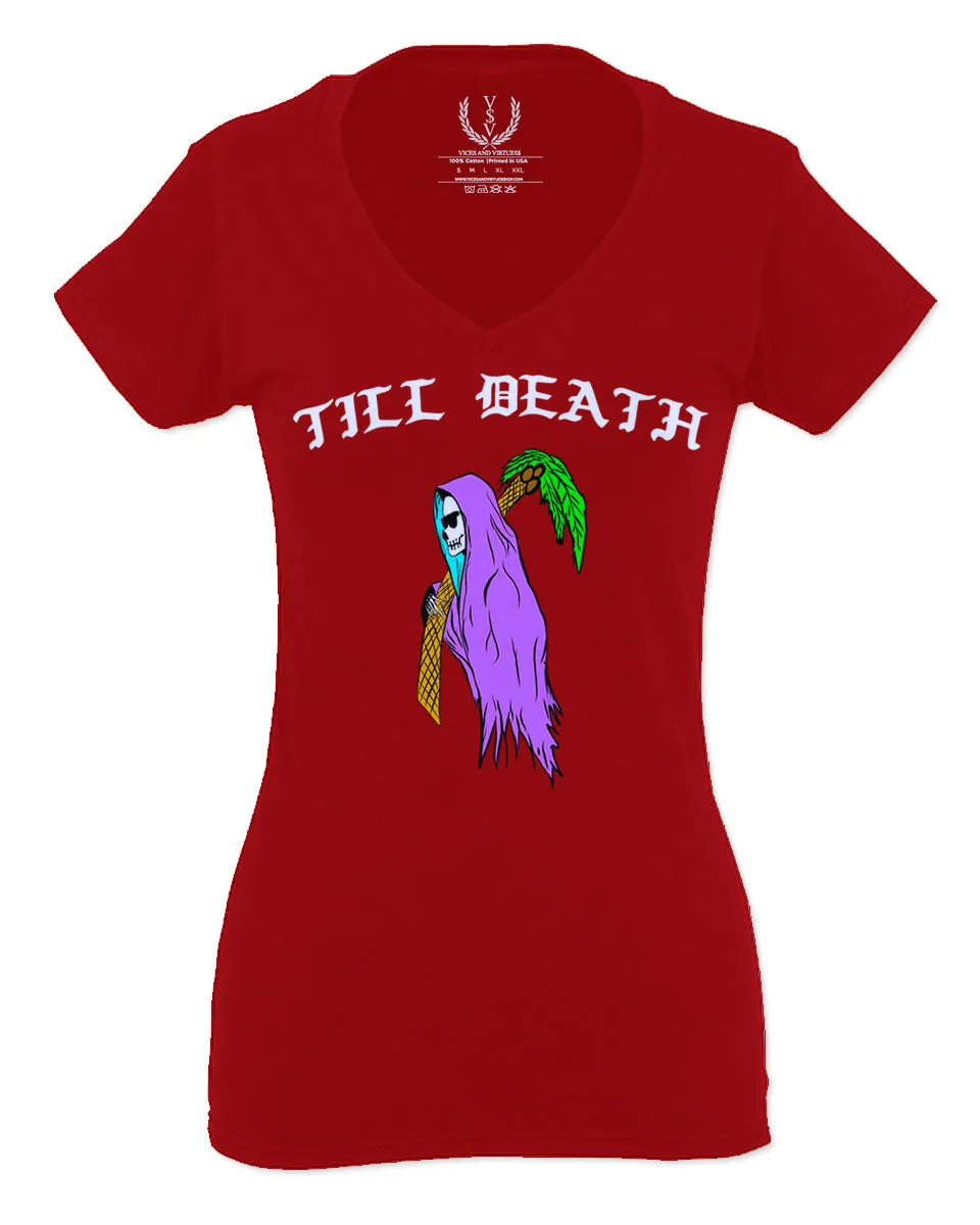 Front Good Vibe Summer Palm Graphic Til Death Cool Bones Surf Society For Women V neck fitted T Shirt