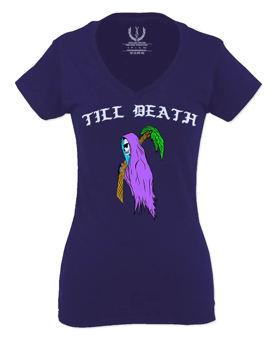 Front Good Vibe Summer Palm Graphic Til Death Cool Bones Surf Society For Women V neck fitted T Shirt
