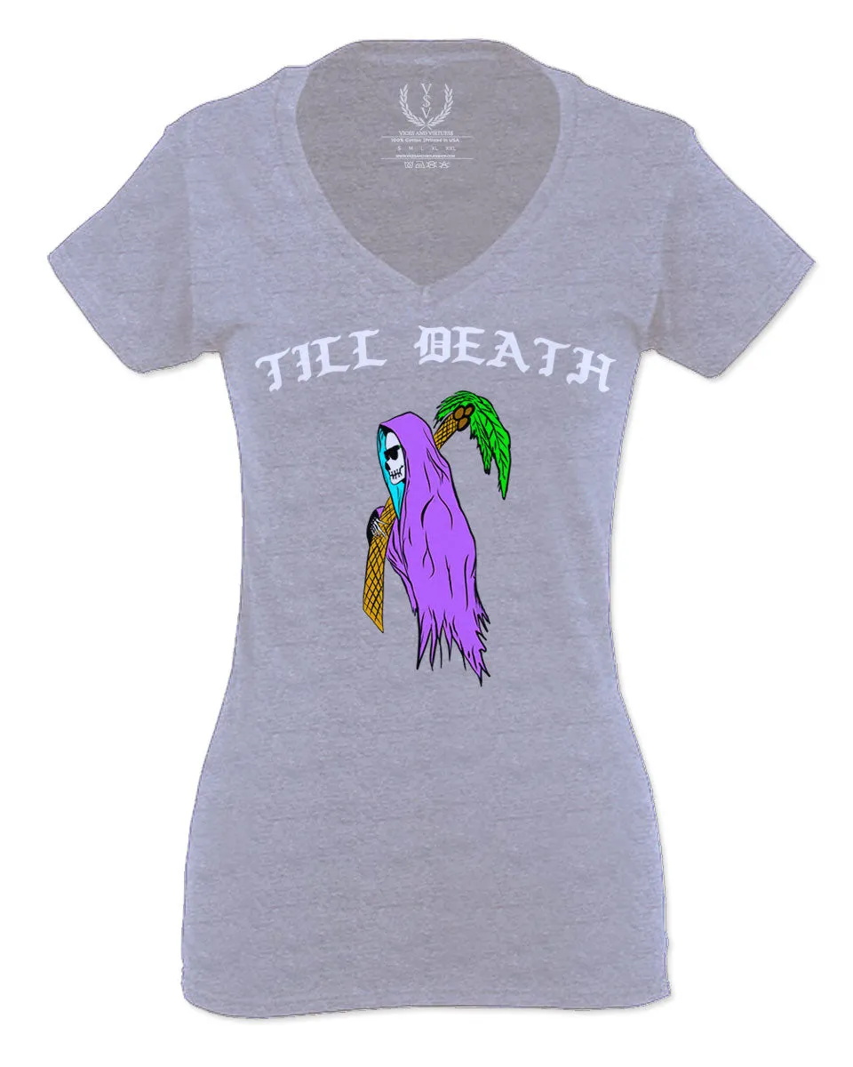 Front Good Vibe Summer Palm Graphic Til Death Cool Bones Surf Society For Women V neck fitted T Shirt