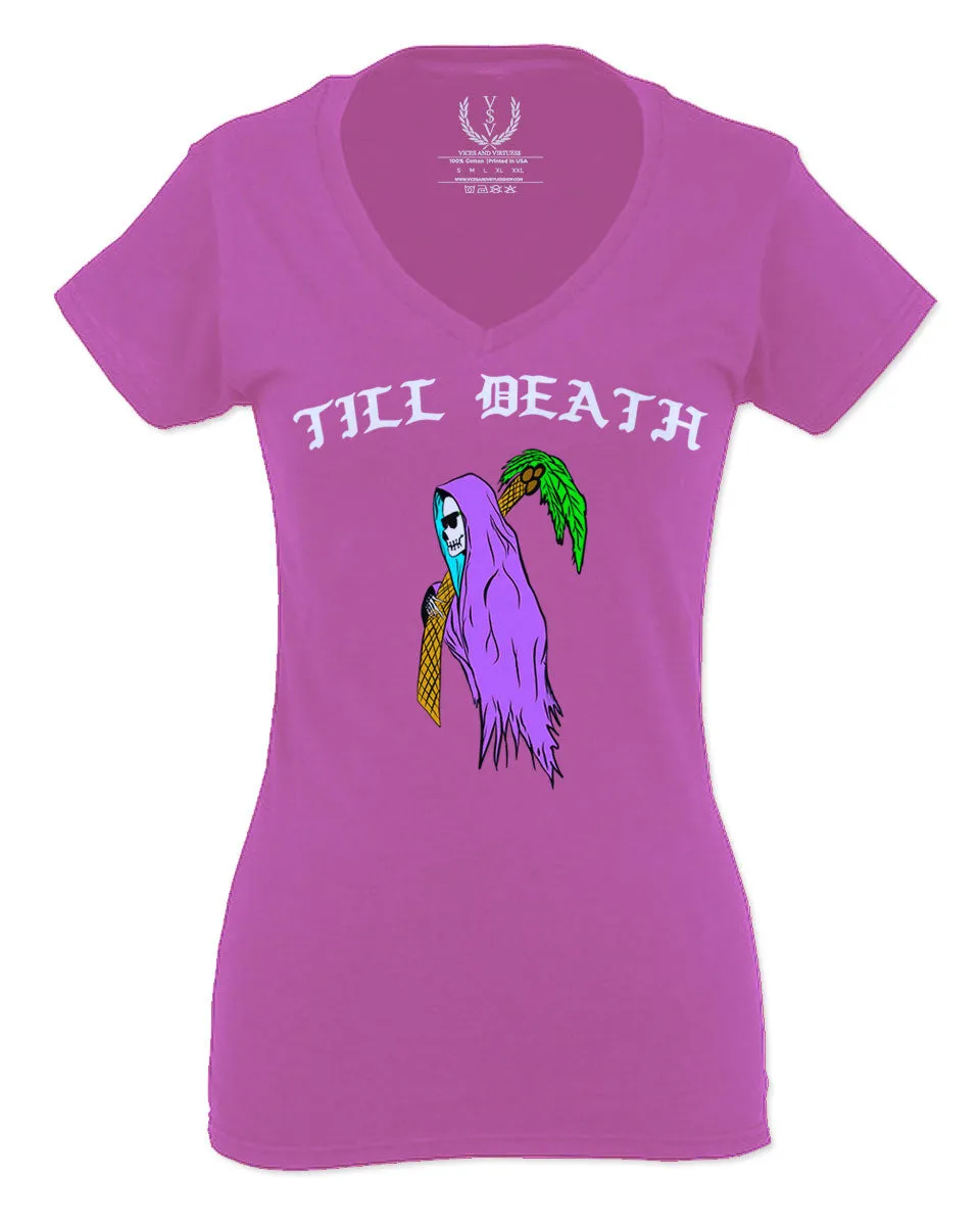 Front Good Vibe Summer Palm Graphic Til Death Cool Bones Surf Society For Women V neck fitted T Shirt