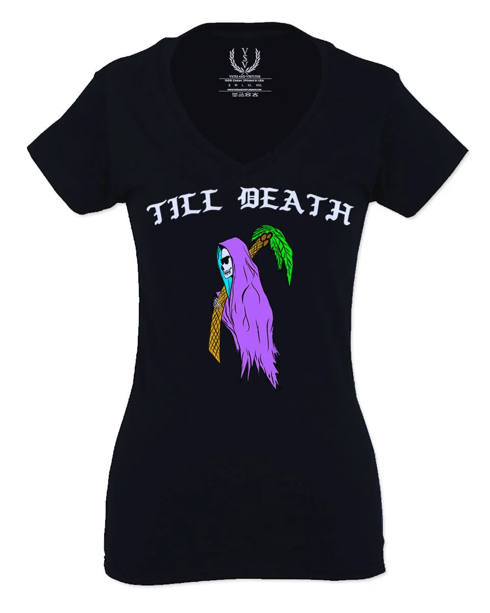 Front Good Vibe Summer Palm Graphic Til Death Cool Bones Surf Society For Women V neck fitted T Shirt