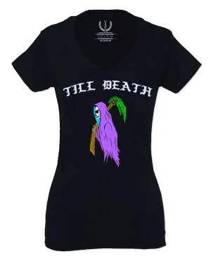 Front Good Vibe Summer Palm Graphic Til Death Cool Bones Surf Society For Women V neck fitted T Shirt