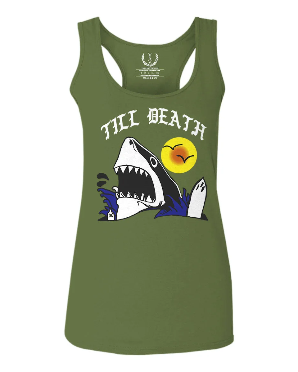 Front Shark Summer Vibe Cool Graphic Surf Till Death Society  women's Tank Top sleeveless Racerback