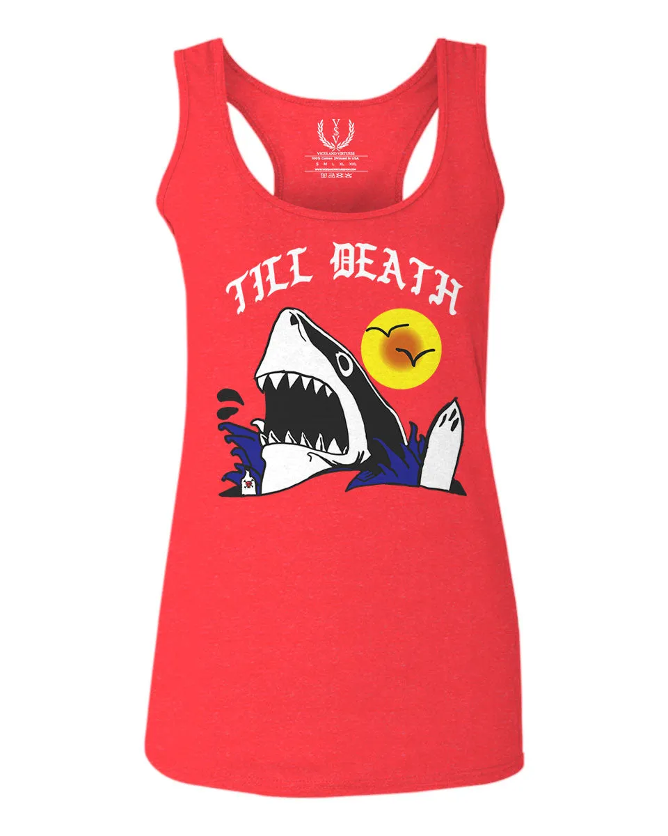 Front Shark Summer Vibe Cool Graphic Surf Till Death Society  women's Tank Top sleeveless Racerback