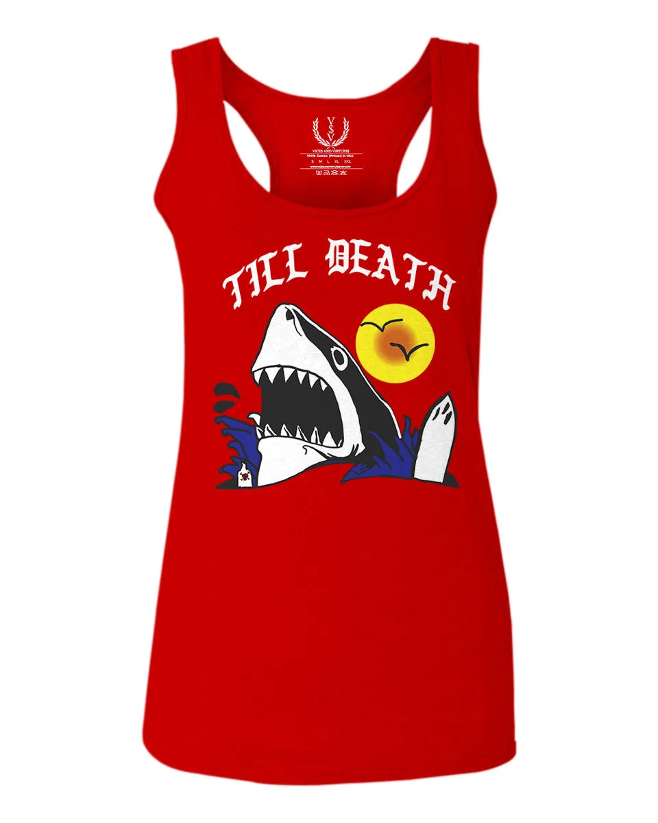 Front Shark Summer Vibe Cool Graphic Surf Till Death Society  women's Tank Top sleeveless Racerback