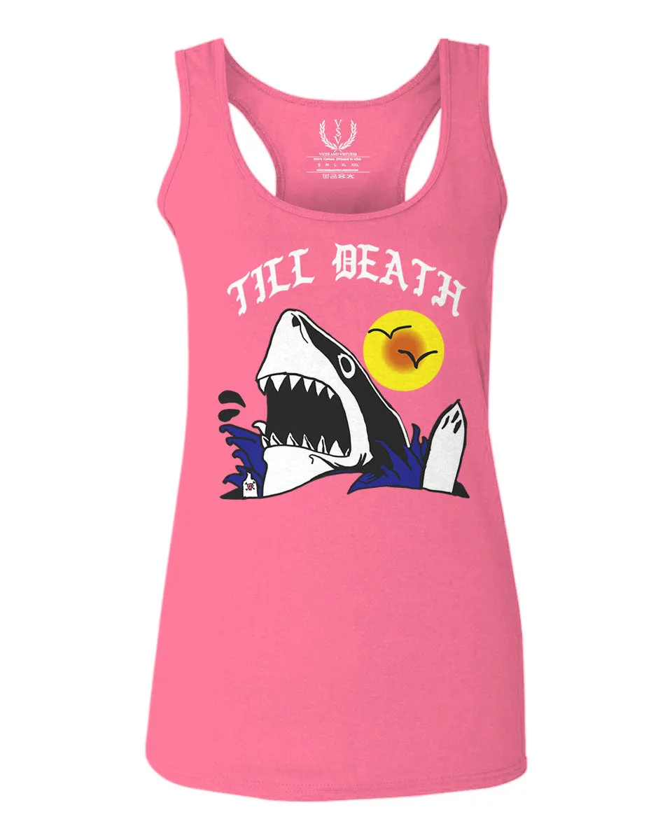 Front Shark Summer Vibe Cool Graphic Surf Till Death Society  women's Tank Top sleeveless Racerback