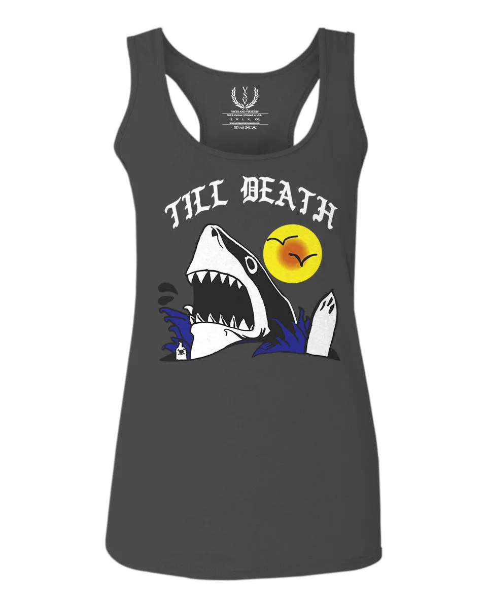 Front Shark Summer Vibe Cool Graphic Surf Till Death Society  women's Tank Top sleeveless Racerback