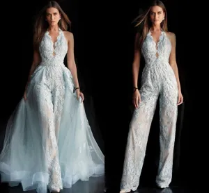 Full Lace Applique Bridal Jumpsuit With Detachable Train 2024 Halter Backless Summer Holiday Wedding Jumpsuit Dress white dress