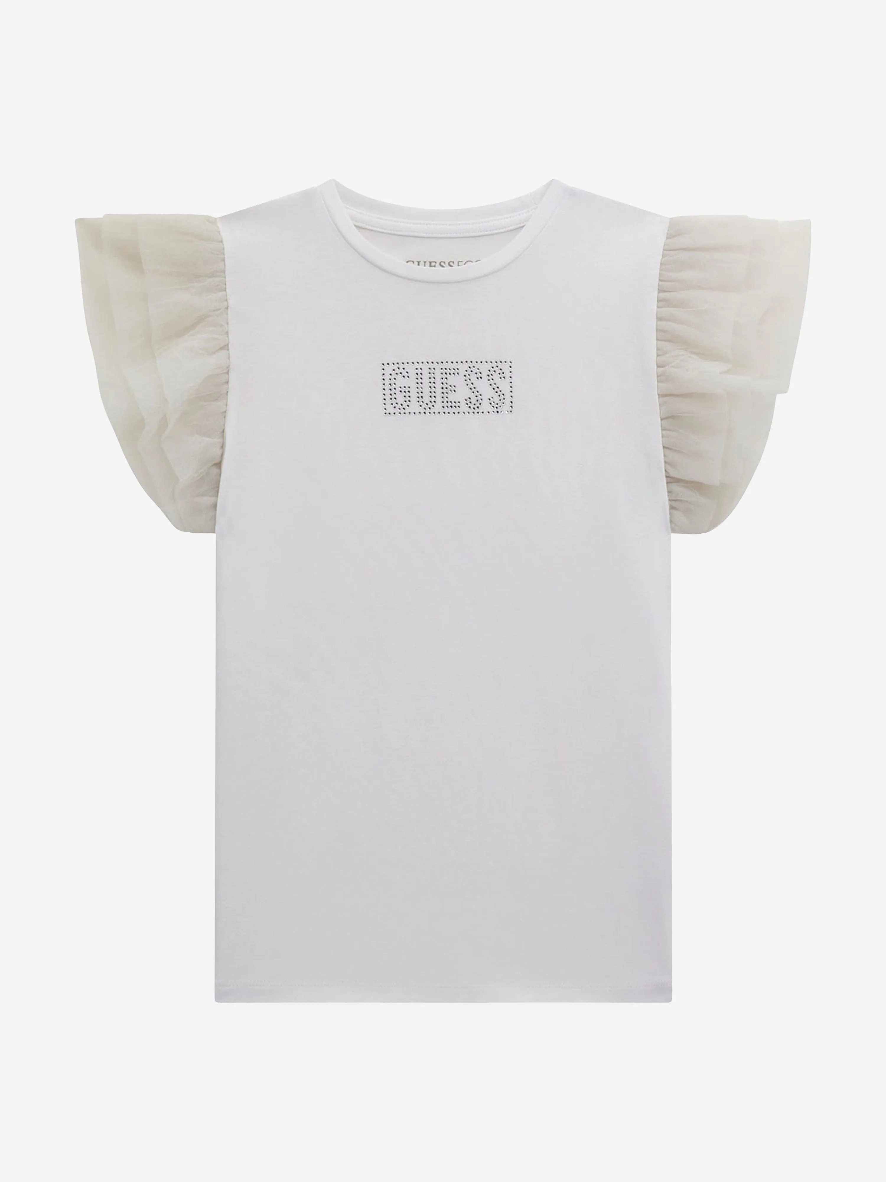 Girls Tulle Sleeve T-Shirt in White