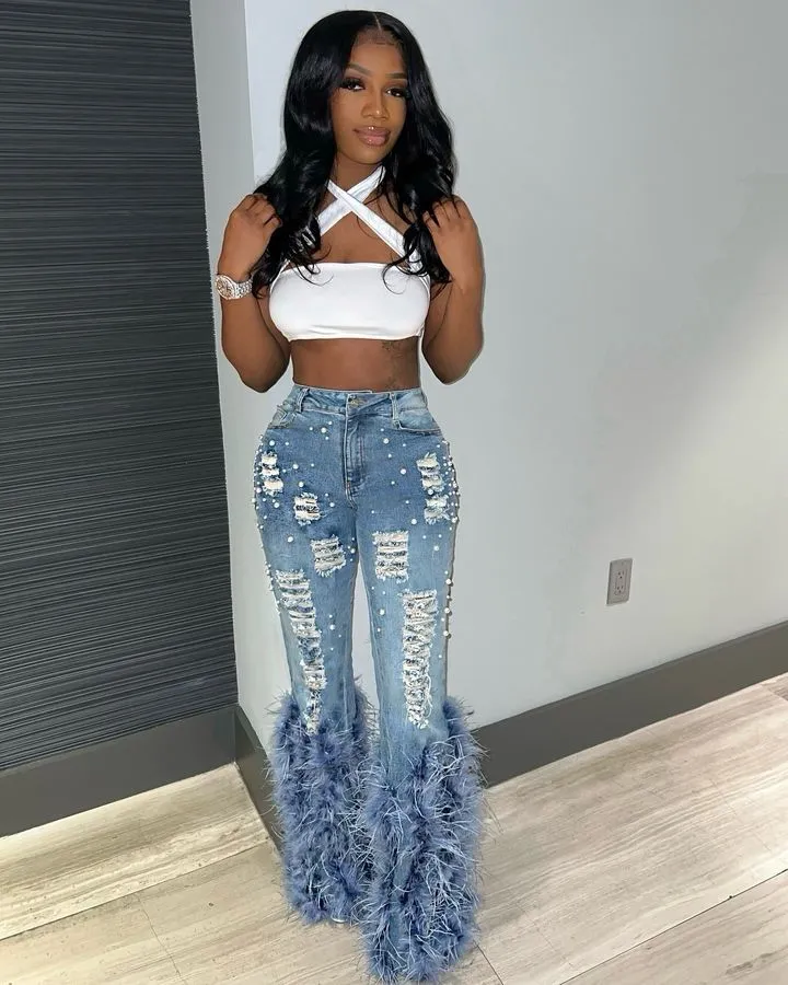Glamorous Pearl-Embellished Feather Accent Stretch Denim Pants