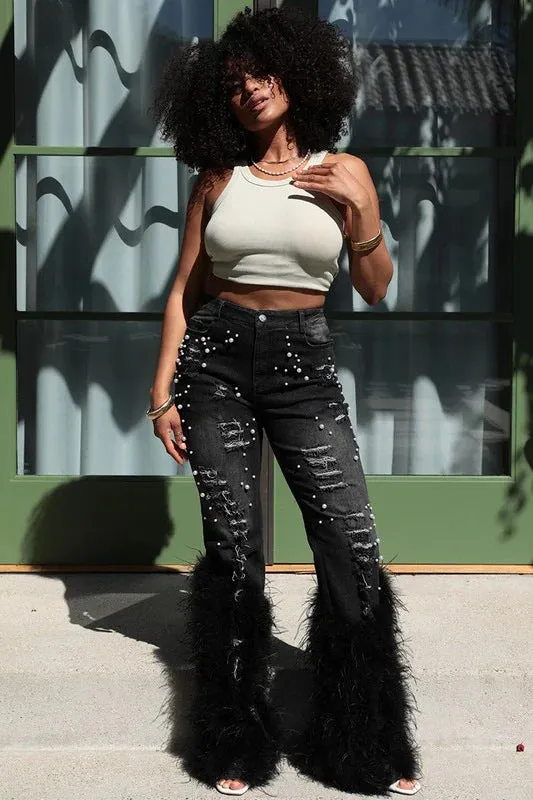 Glamorous Pearl-Embellished Feather Accent Stretch Denim Pants