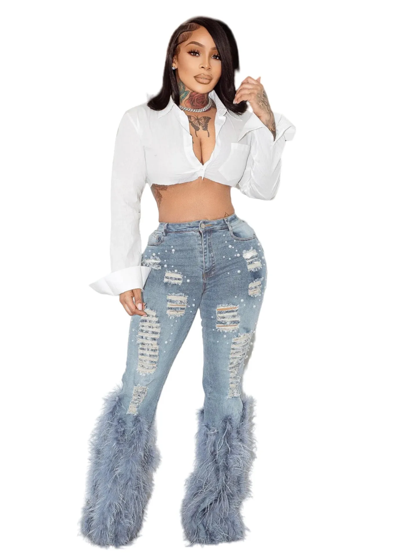 Glamorous Pearl-Embellished Feather Accent Stretch Denim Pants