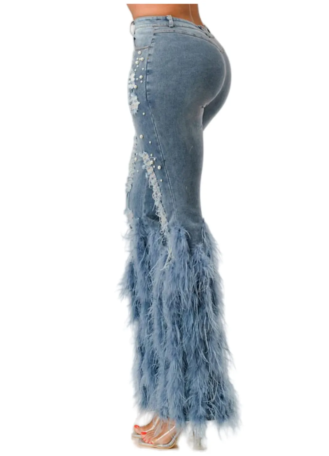 Glamorous Pearl-Embellished Feather Accent Stretch Denim Pants