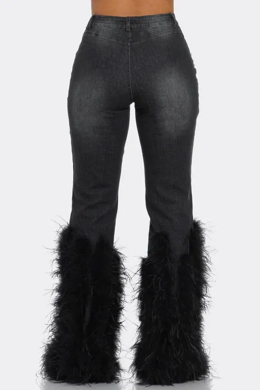 Glamorous Pearl-Embellished Feather Accent Stretch Denim Pants