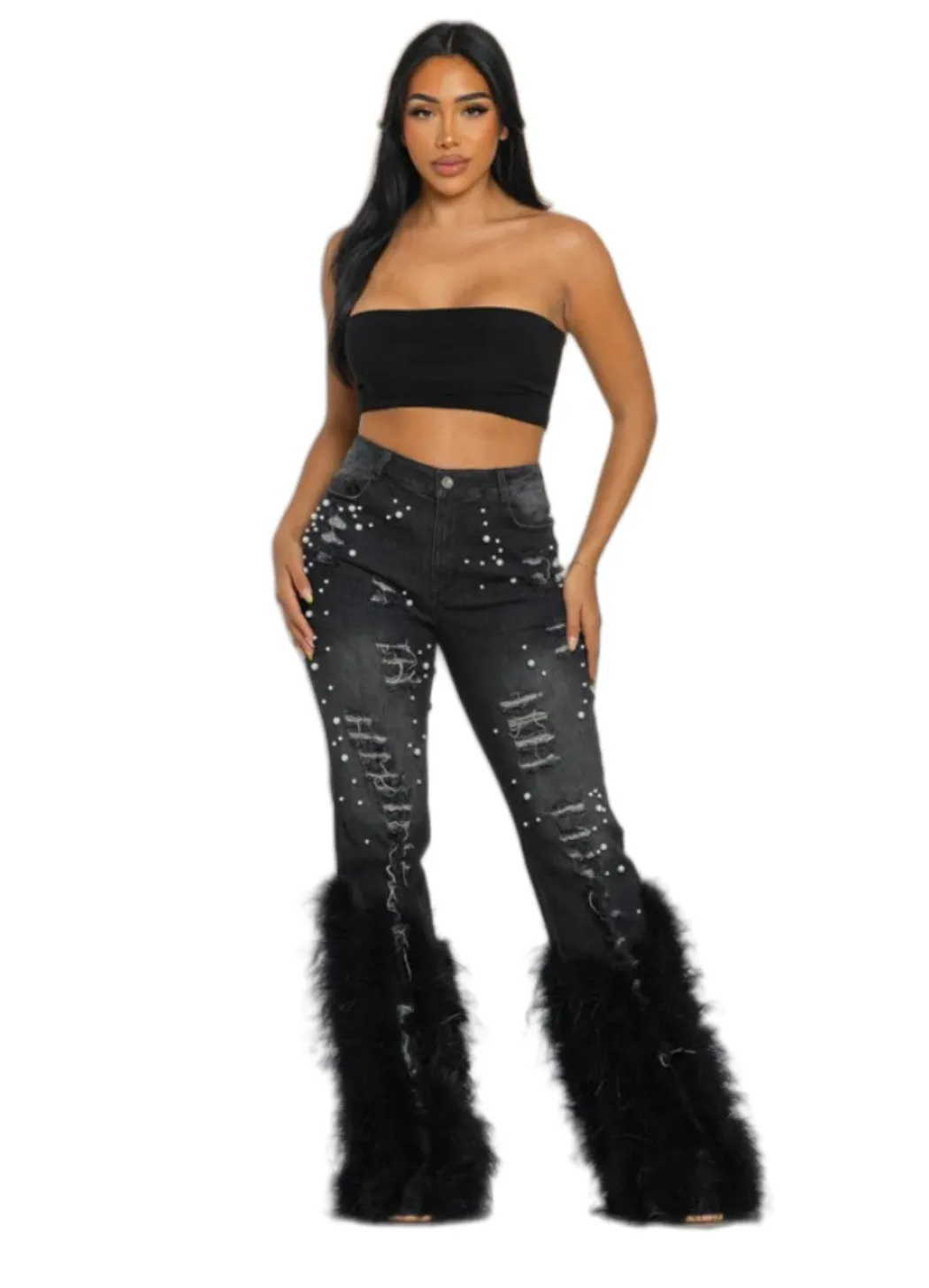 Glamorous Pearl-Embellished Feather Accent Stretch Denim Pants